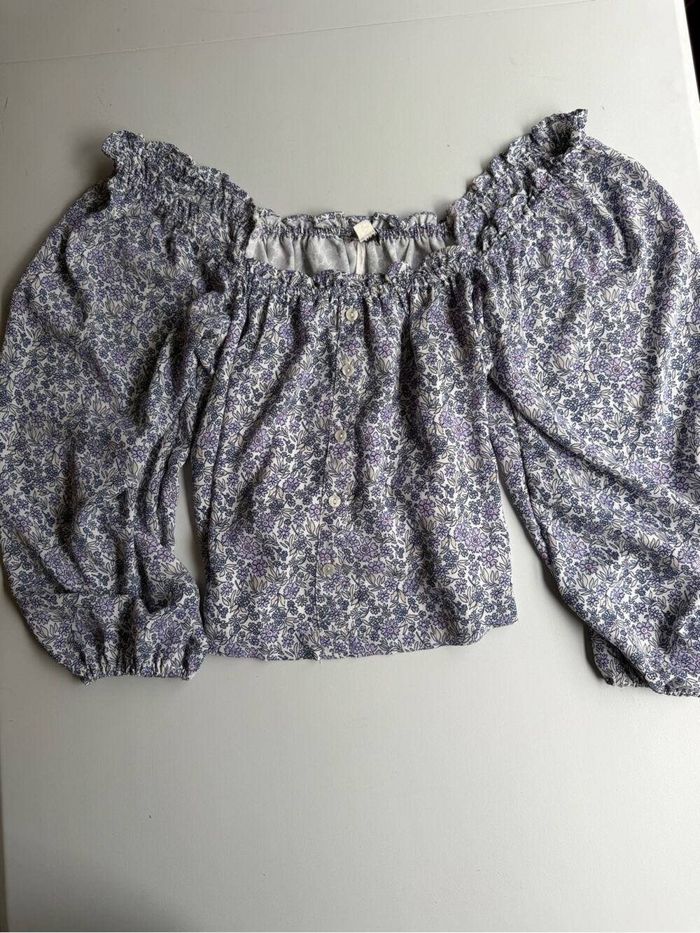 American Eagle Floral Off-The-Shoulder Blouse Medium Balloon Sleeve Top blue